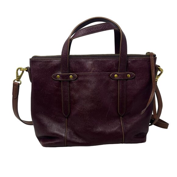 Fossil Purse Bag Satchel Felicity Brown Leather Crossbody Double Handle Work - Picture 1 of 11
